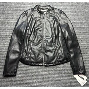 DKNY Moto Jacket Womens Small Black Faux Leather Zip Pockets Biker Style New